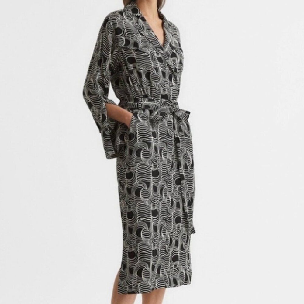 Reiss Georgina Swirl Print Midi Dress – Black/Cream – US 4 – NWT